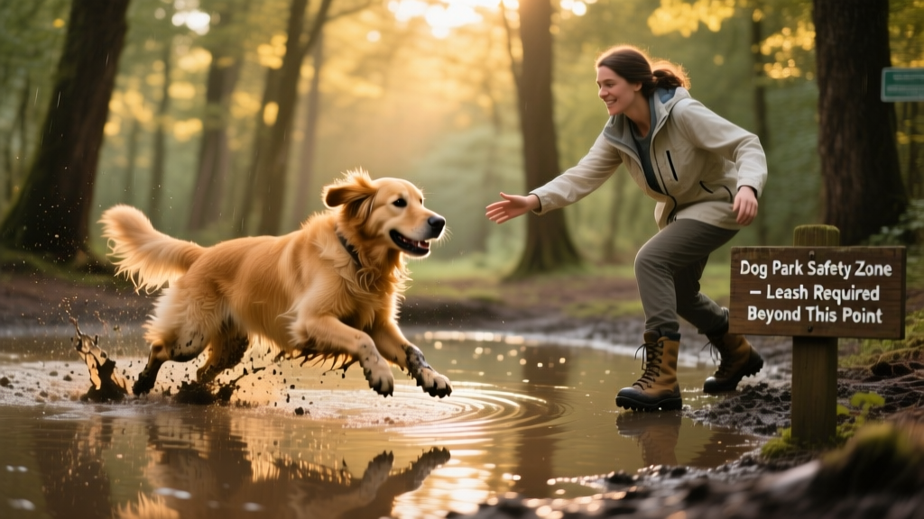 Golden Retriever mid-dash toward a muddy woodland pool, with dog sitter reaching out in gentle pursuit