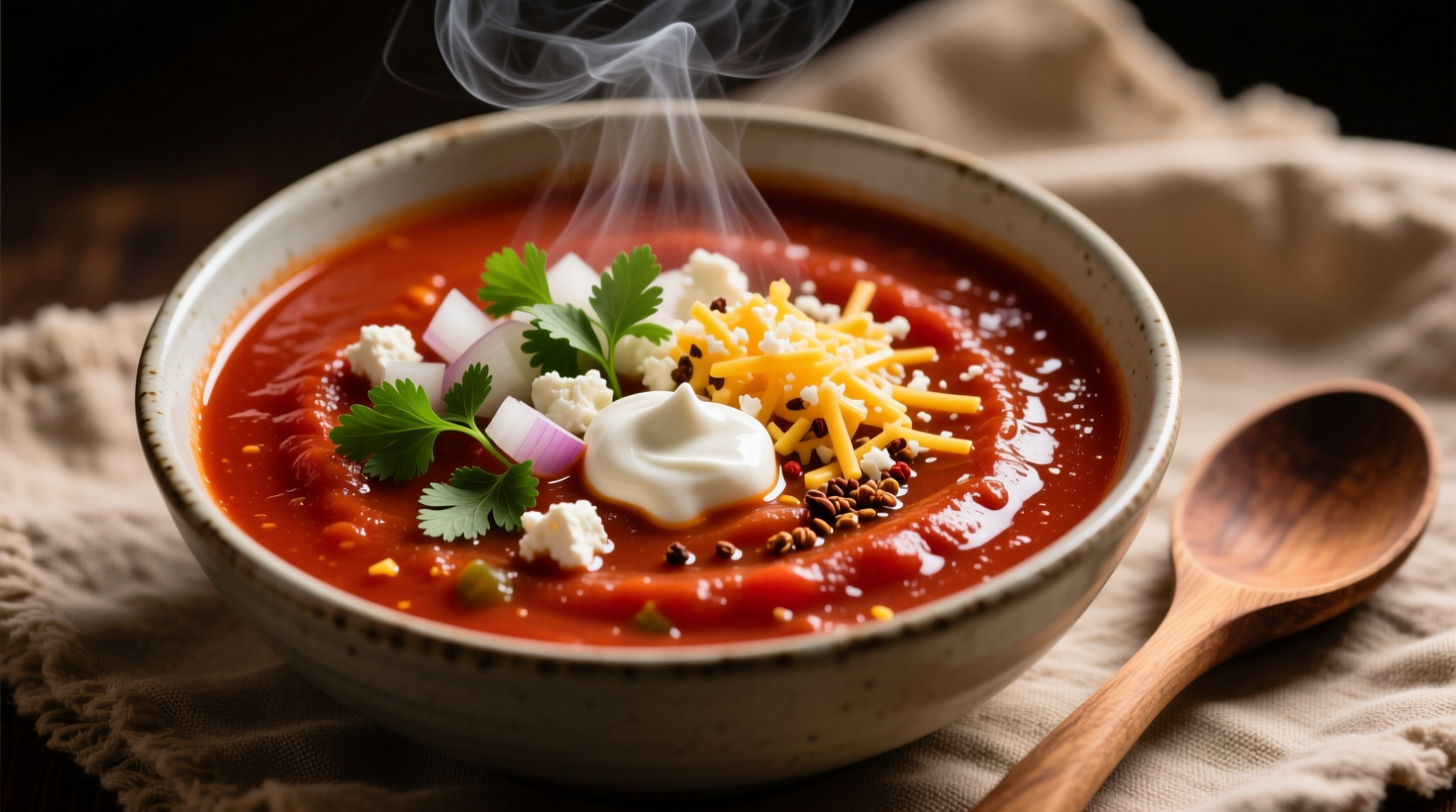 Hearty bowl of tomato soup chili with toppings