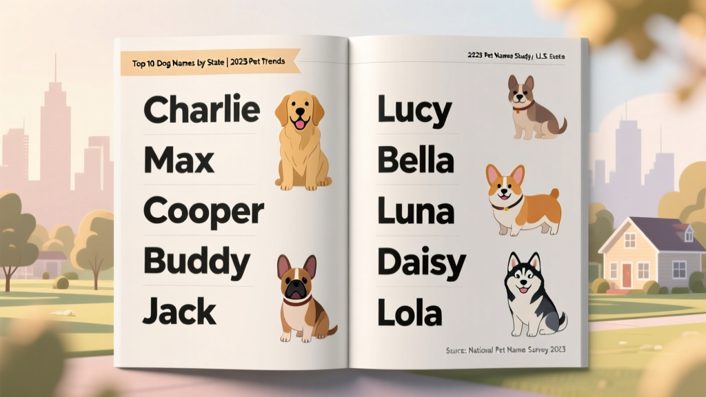 Infographic showing top five boy and girl dog names nationwide: Charlie, Max, Cooper, Buddy, Jack and Lucy, Bella, Luna, Daisy, Lola