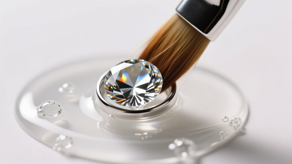 Uncut diamond in a silver bezel, brushed with a goat-hair brush in a shallow soapy bath under warm, diffused studio lighting