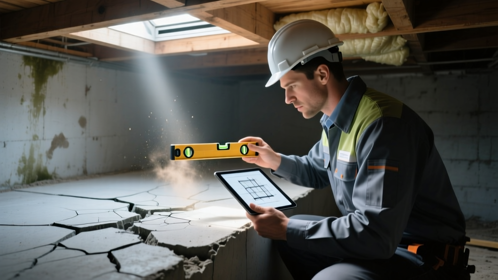Structural engineer inspecting a cracked concrete slab foundation with a laser level and tablet in a dimly lit crawl space