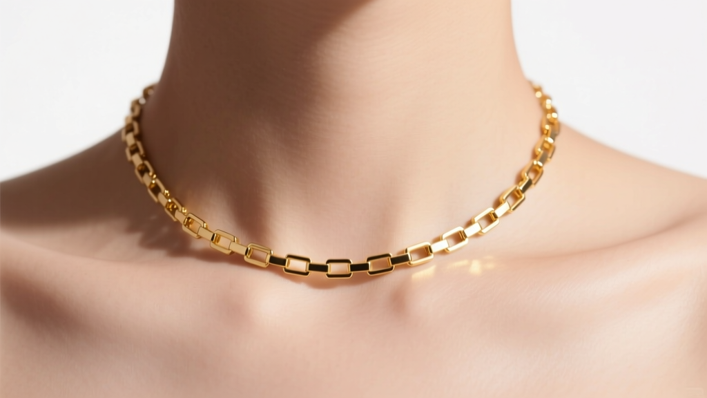 Close-up of a delicate 14k solid gold box chain clavicle necklace resting on a collarbone under soft, warm studio lighting.