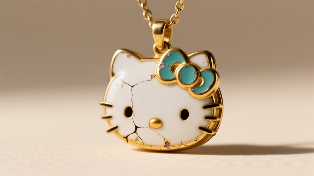 Close-up of a gold-plated Hello Kitty pendant with chipped enamel and tarnished brass, highlighting common daily wear and tear.