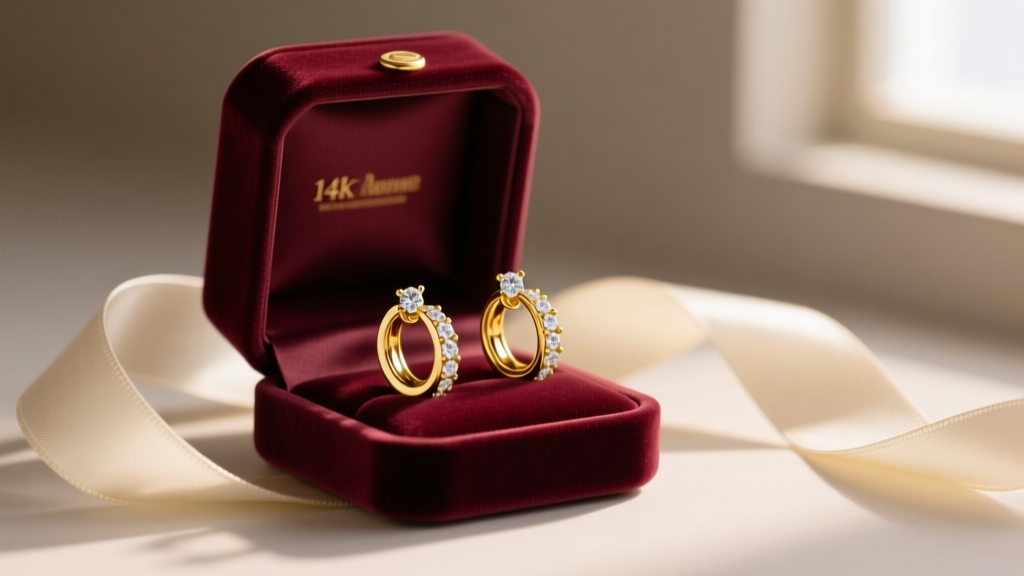 Elegant velvet jewelry box opened to reveal 14k yellow gold diamond huggie earrings, resting on a silk ribbon in warm lighting