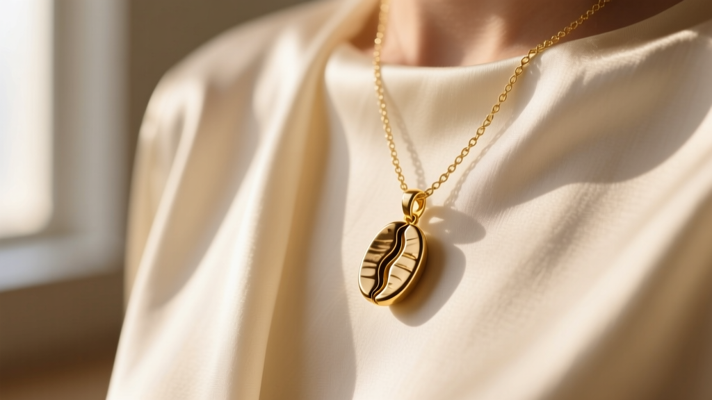 Close-up of a delicate 14k gold necklace coffee bean pendant resting on a cream silk blouse under soft morning window light