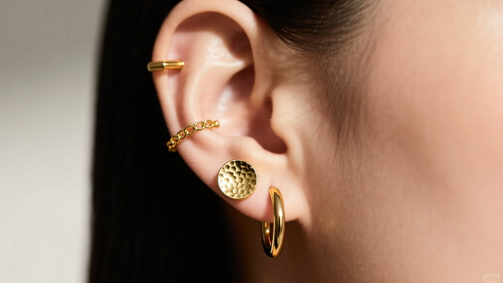 Side profile of an ear showing a hammered 14k gold disc anti tragus stud connected by a chain to a lobe hoop in natural daylight