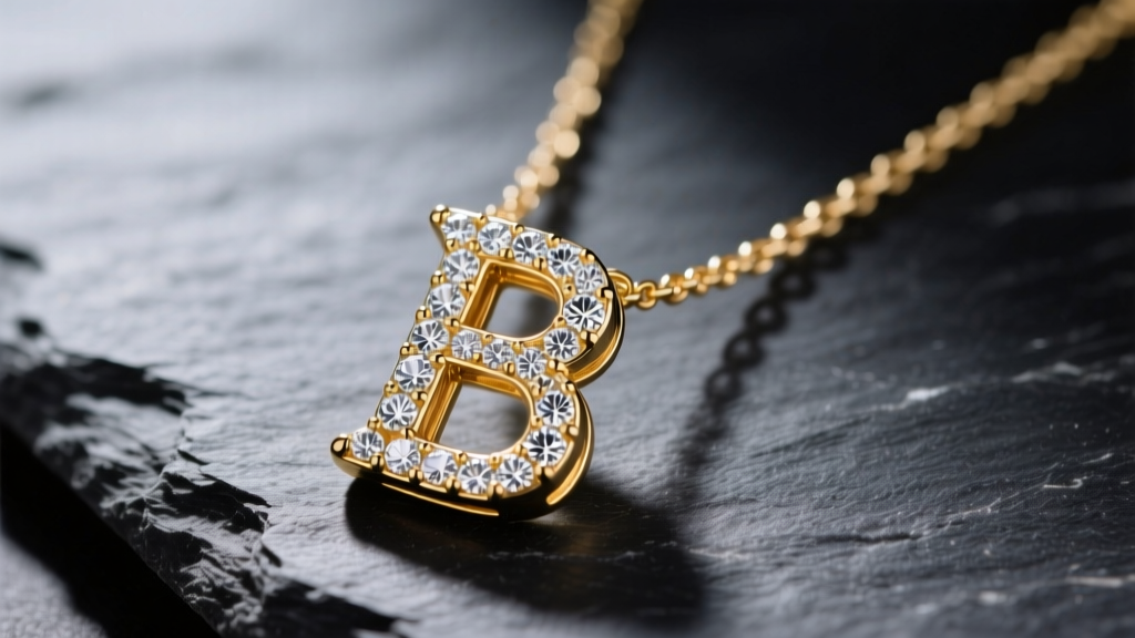 Macro shot of an 18k gold letter B diamond necklace on dark slate, highlighting pave diamonds and a delicate 1.2mm box chain.
