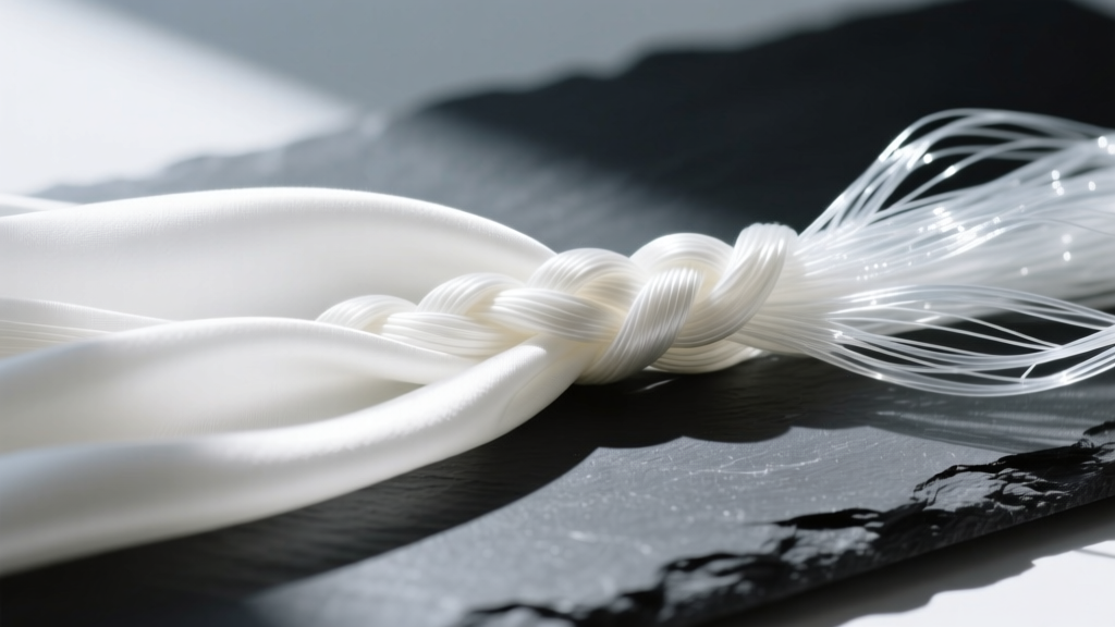 Macro view of white silk, braided polyethylene, and clear nylon threads resting on dark slate under a bright jeweler's lamp.
