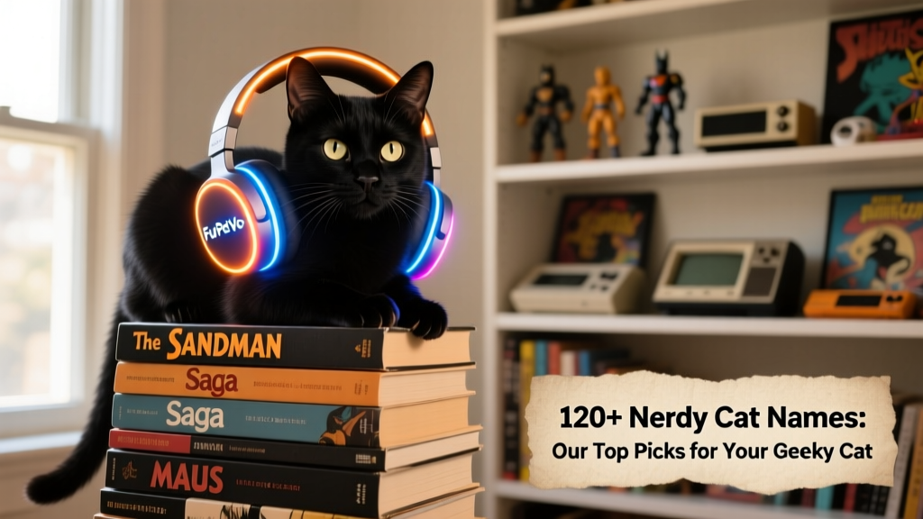A sleek black cat perched on a stack of graphic novels and a glowing FurPetVo-branded gaming headset