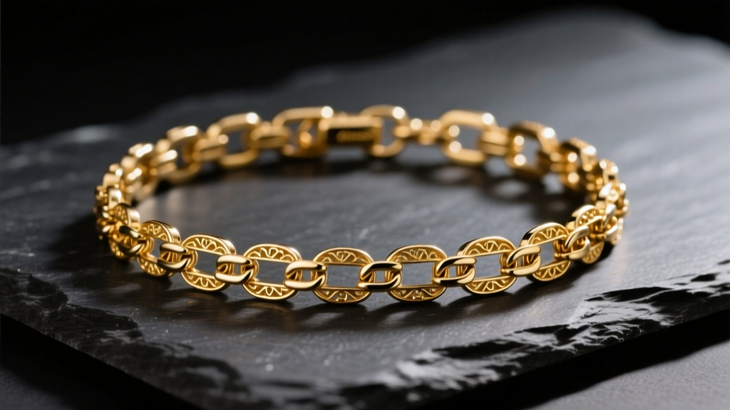 Vintage 1950s Krementz 14k gold overlay link bracelet resting on dark slate surface under soft directional studio lighting