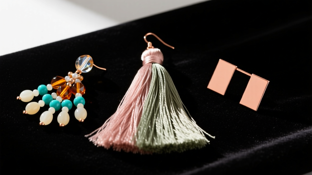 Flat lay of three tassle earring styles on black velvet: a silk thread tassel, a beaded bohemian drop, and a minimalist copper bar