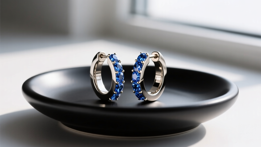 Macro shot of 18-gauge titanium huggie earrings with tiny bezel-set sapphires, resting on a matte black ceramic jewelry dish.