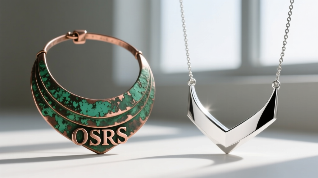 Comparison of a zinc alloy OSRS necklace showing green copper oxidation next to a pristine rhodium-plated sterling silver piece.