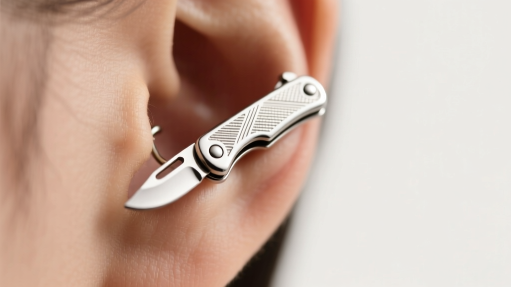 Close-up of a silver pocket knife earring on a lobe, soft lighting highlighting intricate blade hinges and textured metal finish.