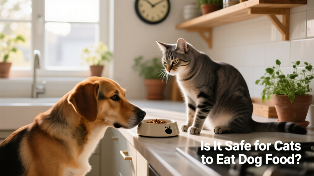 A dog gently sniffing at a cat's food bowl while the cat watches nearby