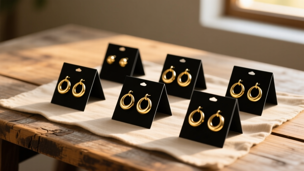 Flat lay of premium matte black earring display cards holding gold huggie hoops on a rustic wooden desk under soft warm lighting.