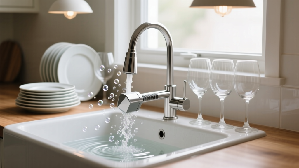 Stainless steel ultrasonic transducer vibrating in a kitchen sink creating micro-bubbles to clean a stack of ceramic plates and wine glasses