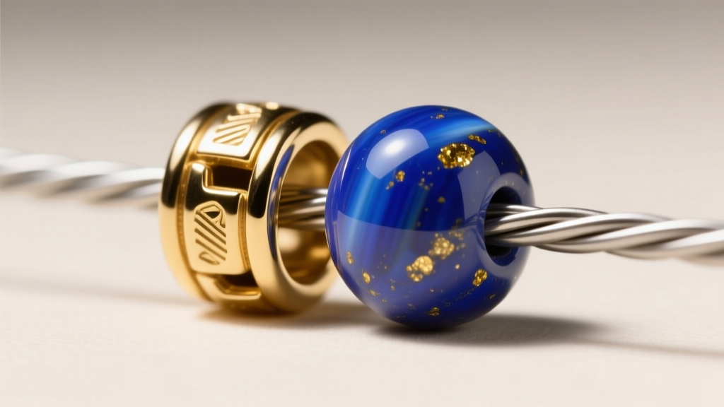 Macro shot of a 14k gold filled crimp bead secured over nylon-coated steel wire beside a smooth, vibrant lapis lazuli stone bead