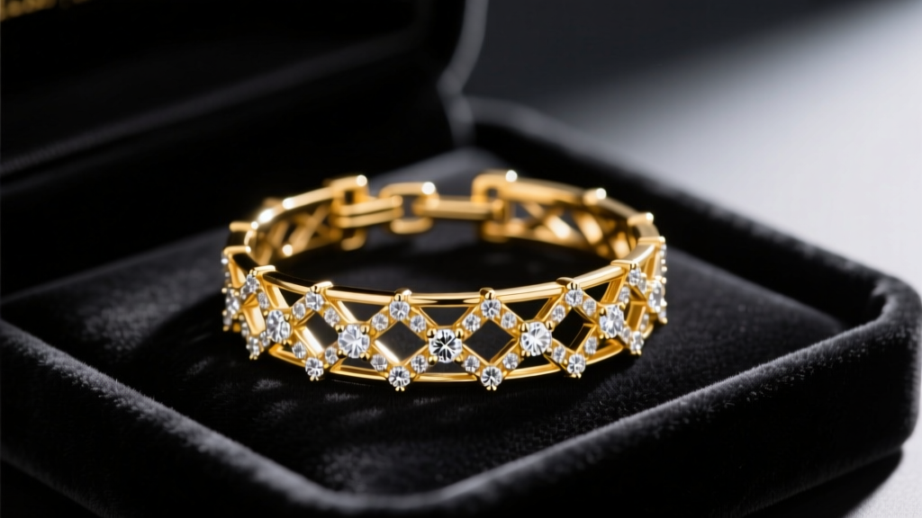 Close-up of an 18k yellow gold hinged necklace enhancer with diamond accents, resting on a black velvet jewelry display tray