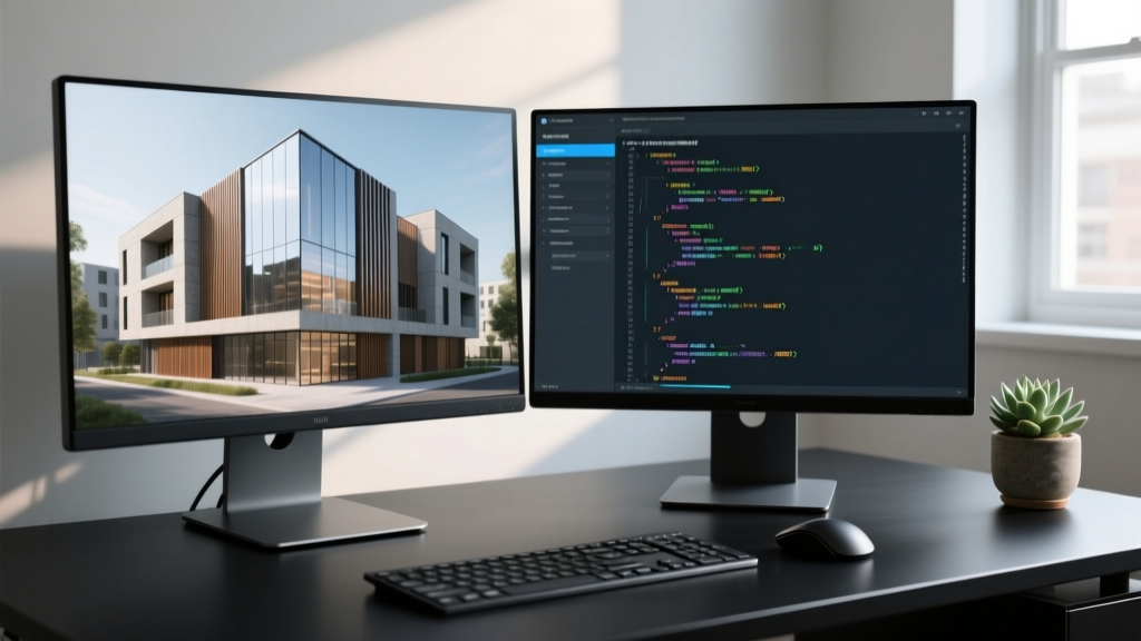 Close-up of a dual-monitor workstation displaying complex 3D BIM material models alongside JSON API code for construction inventory tracking