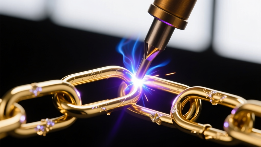 Close-up of a pulse arc welder tip fusing a thick 14k gold paperclip chain link, with bright argon shielding glow visible