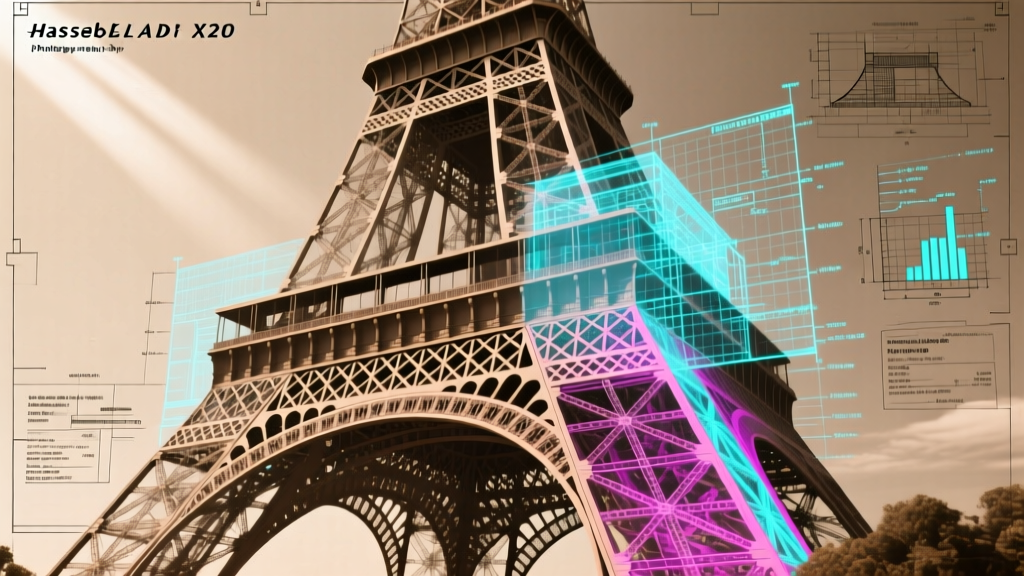 Sepia-toned architectural blueprint of the Eiffel Tower overlaid with modern digital cost-estimating grids and structural load calculations