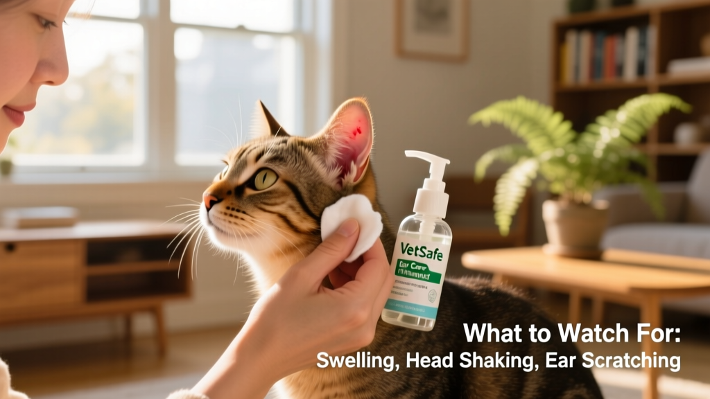 Cat owner using a cotton pad and gentle ear cleanser to clean their cat's ear under natural light
