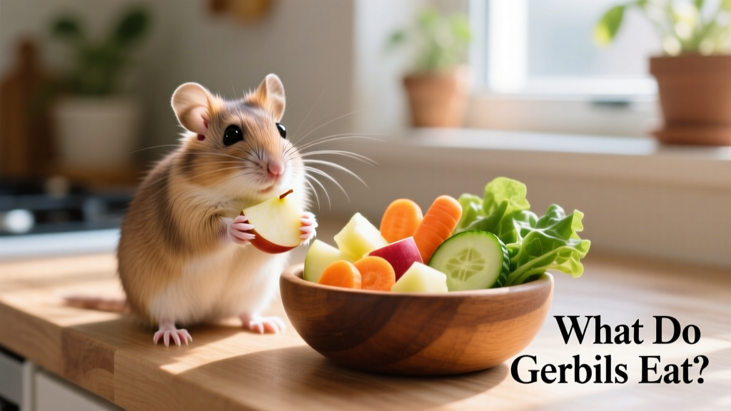 A gerbil holding a small piece of apple next to a dish of mixed safe fruits and vegetables