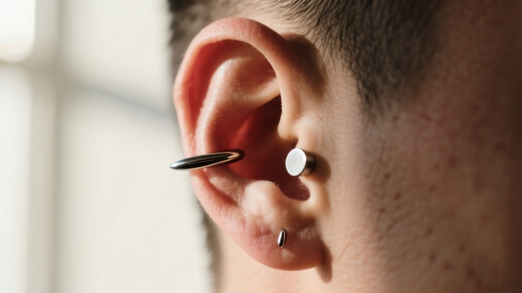 Side profile of an ear featuring a swollen helix cartilage piercing with a flat-back titanium labret, lit by soft window light.