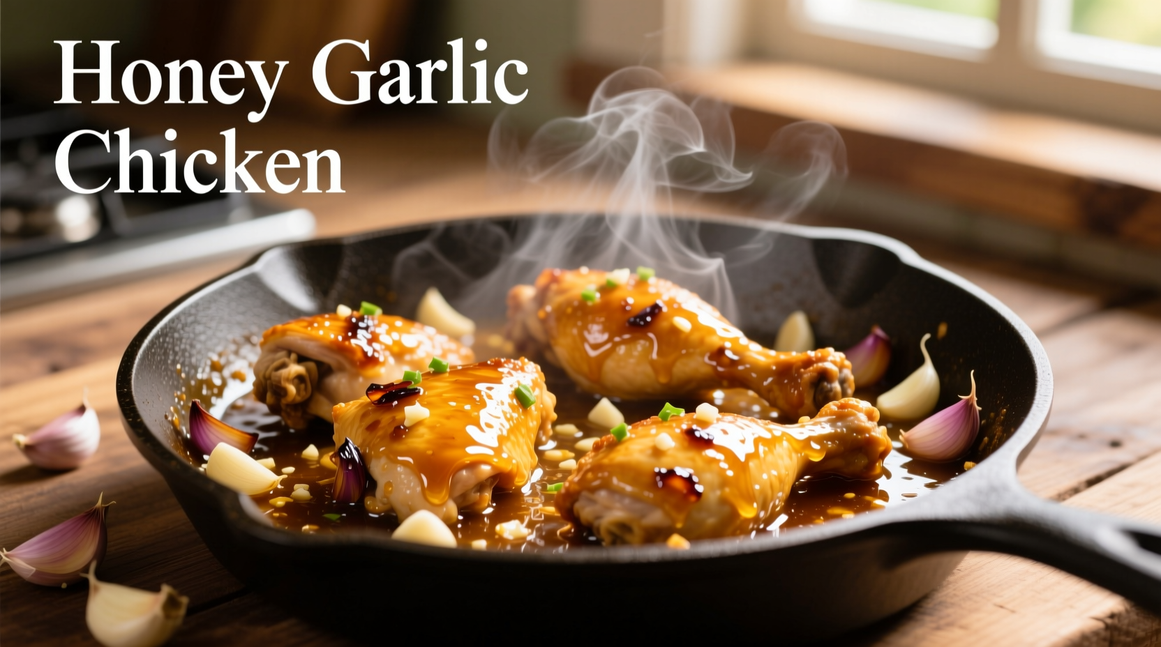 Golden honey garlic chicken sizzling in skillet