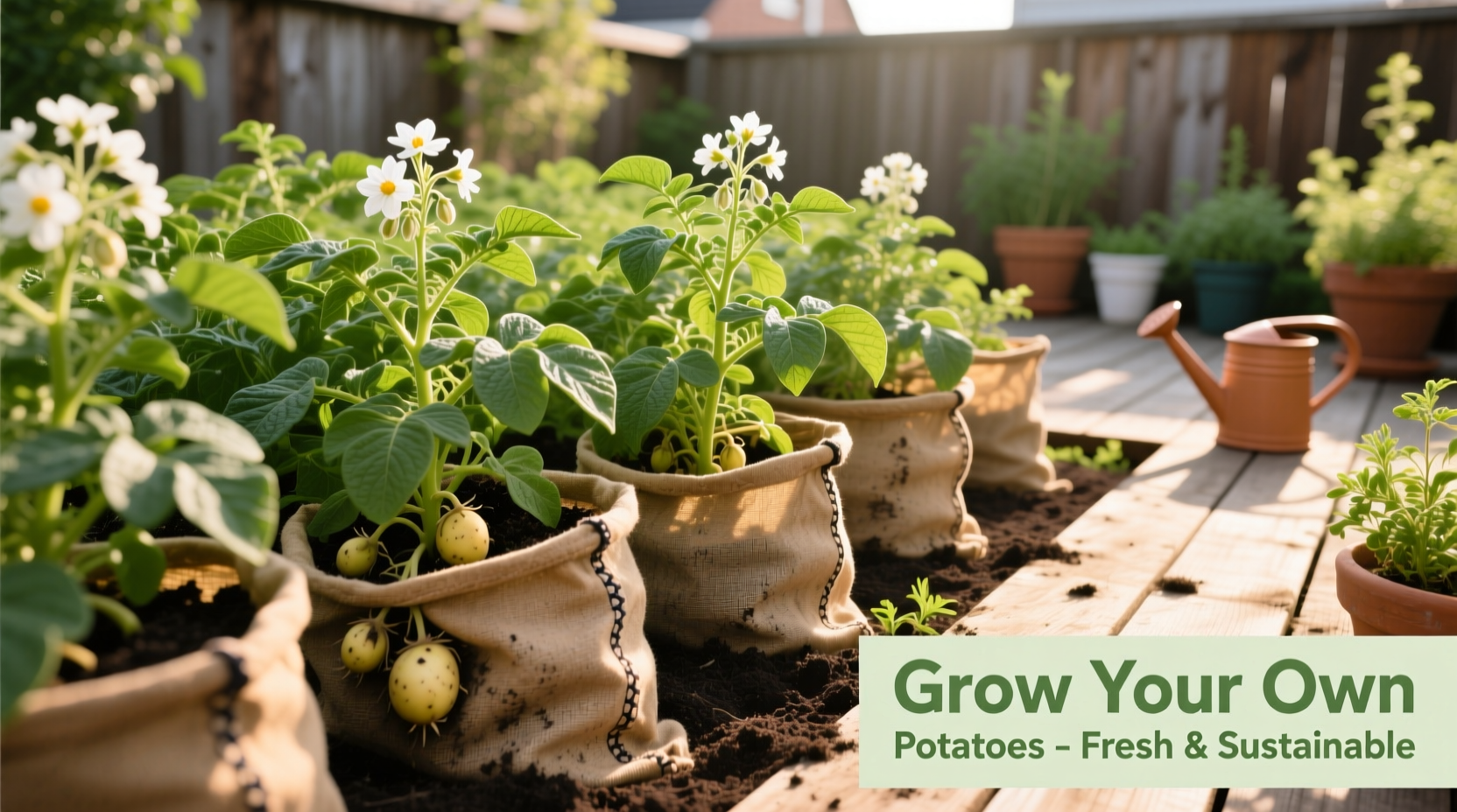 Potato plants growing in fabric grow bags on a patio