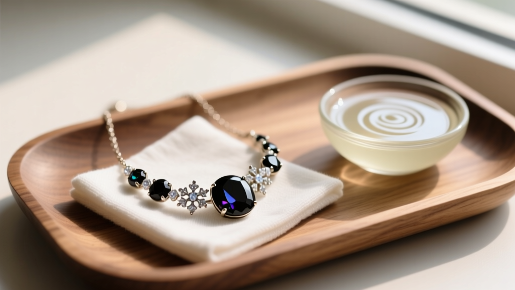 Soft microfiber cloth gently polishing a bezel-set snowflake obsidian necklace resting on a wooden tray next to mild liquid soap.
