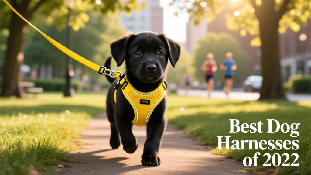 Small black puppy in a yellow harness on a leash while walking in the park