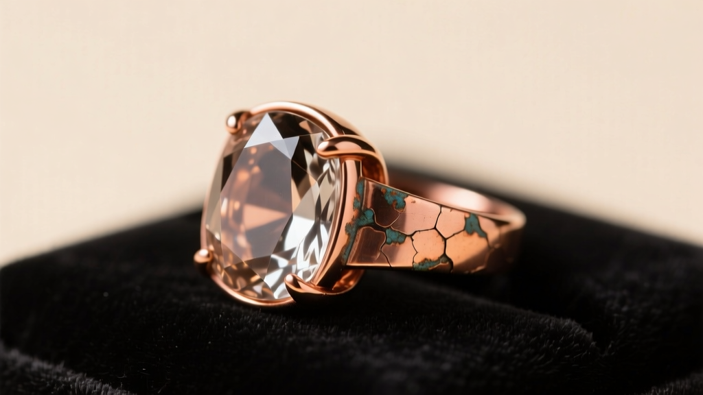 Macro photo of electroformed copper quartz ring showing slight patina flaking near the bezel edge, illuminated by warm studio lamp.