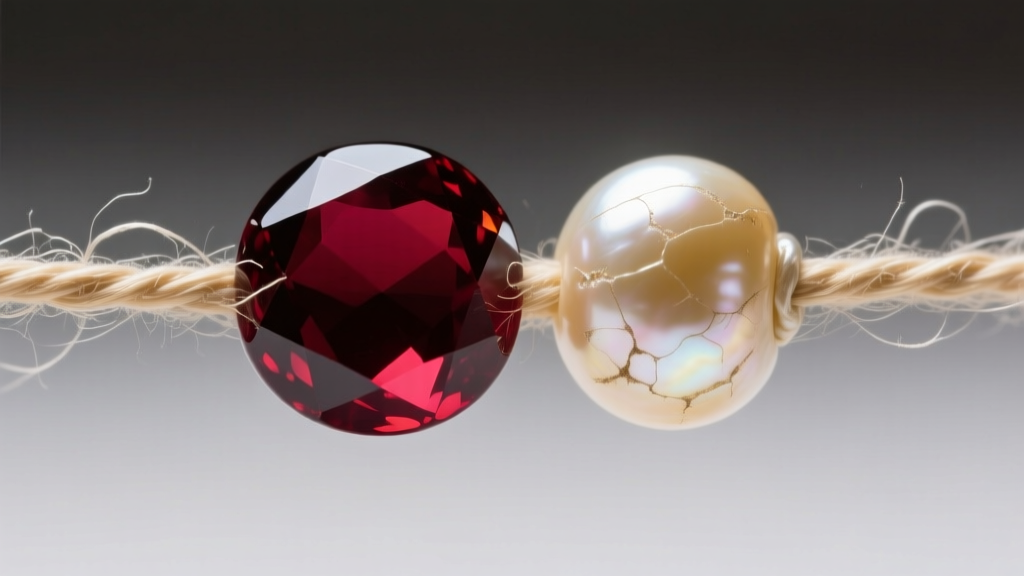 Macro photo of frayed silk thread between a dark red garnet bead and a scratched pearl, highlighting gemstone friction damage.