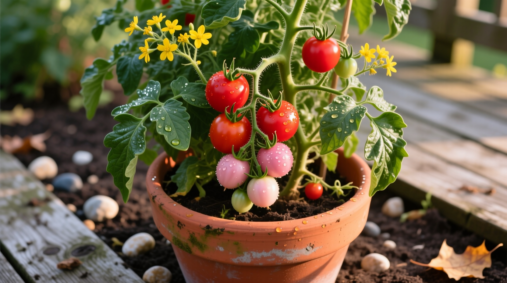 Red Robin tomato plant growing in container garden