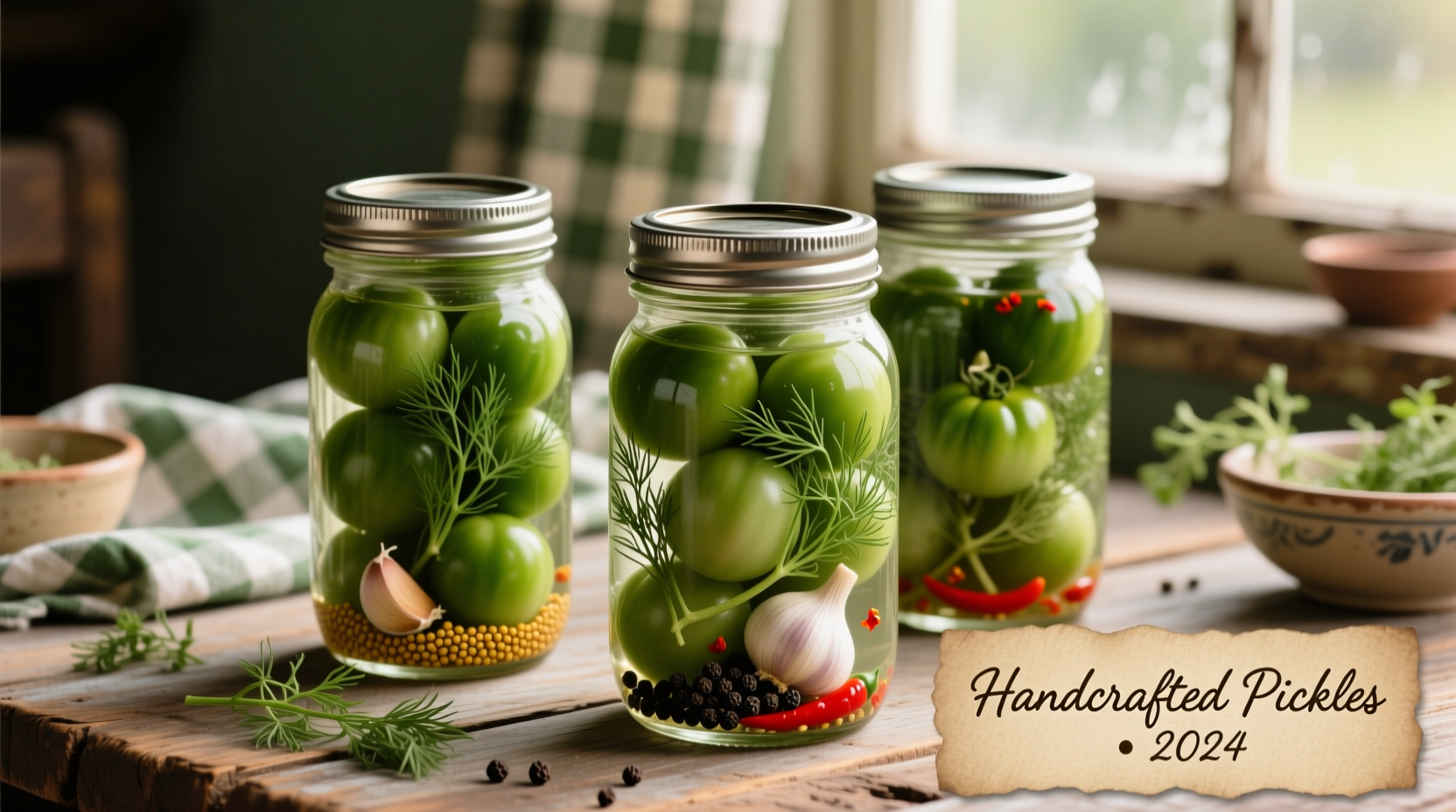 Green tomato pickles in mason jars with dill and spices