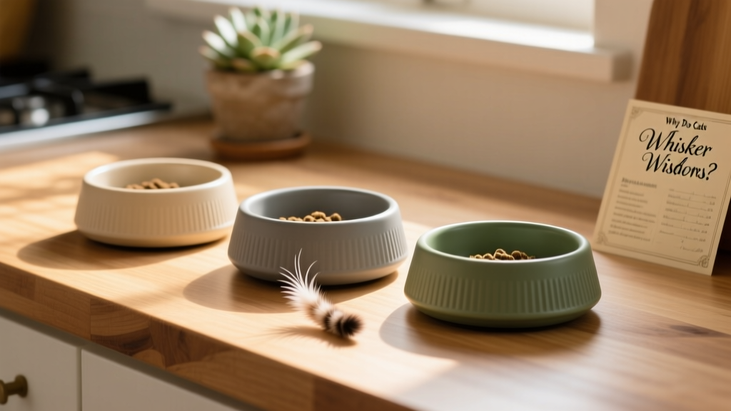 Three shallow, non-slip cat food bowls arranged neatly on a countertop