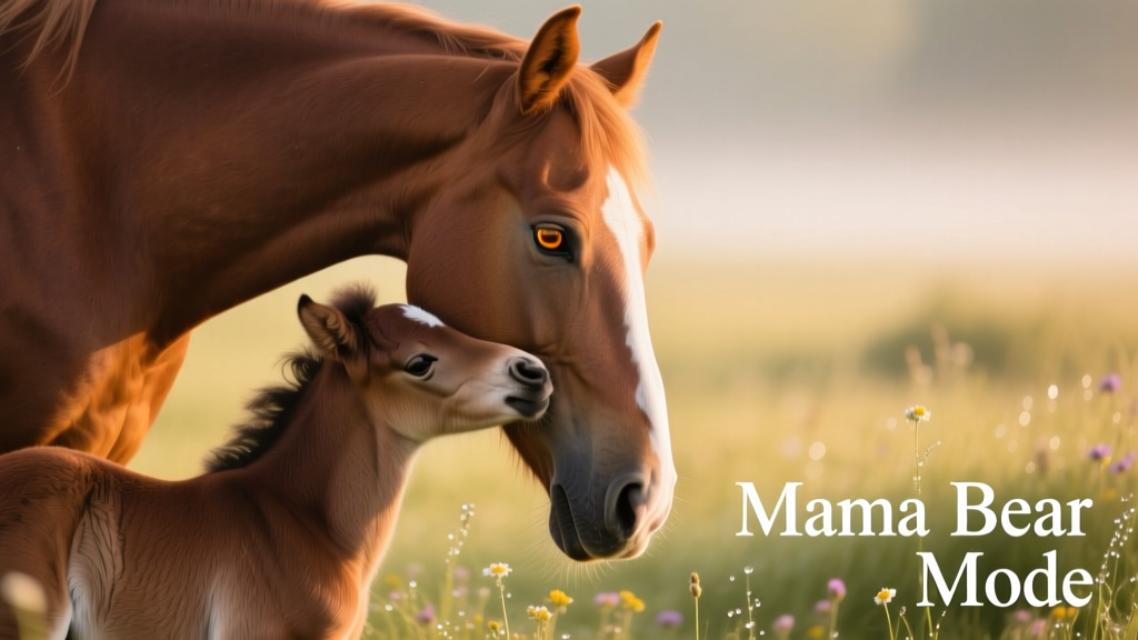 Close-up of Trudy’s gentle muzzle resting against her foal’s neck as the foal leans into her