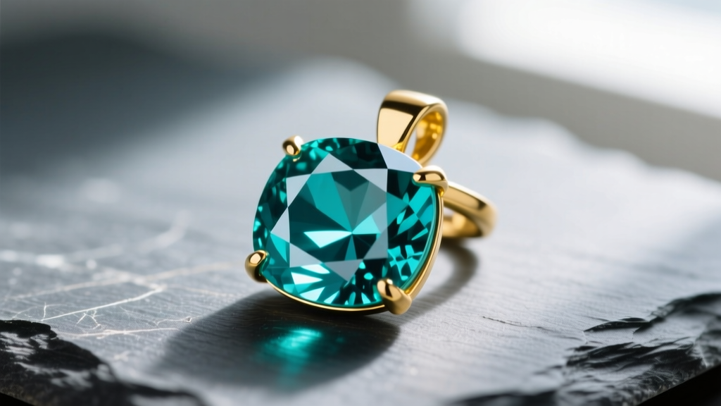 Close-up of faceted teal sapphire pendant in 18k yellow gold on slate, highlighting vivid blue-green color zoning and clarity.
