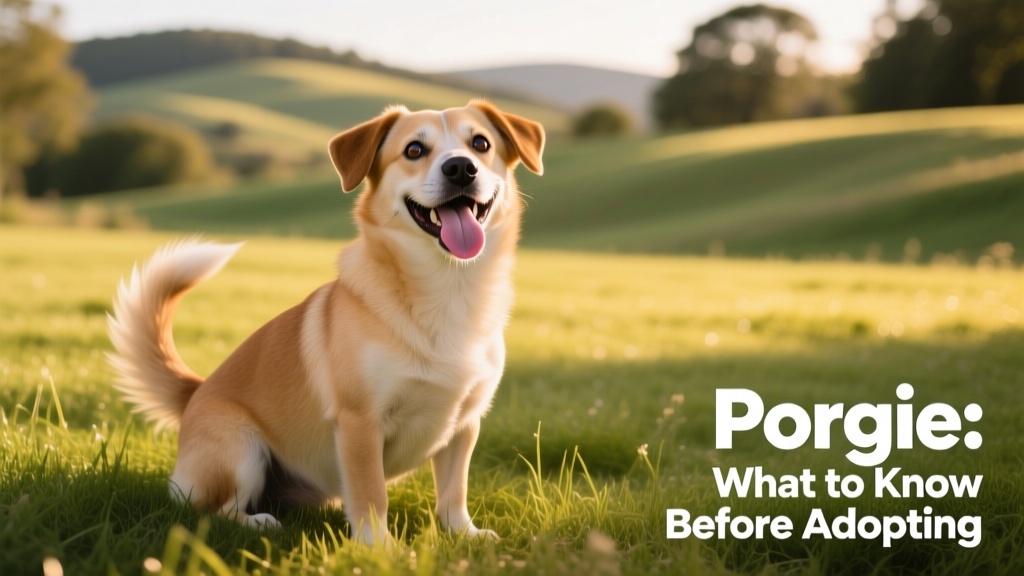 A happy, medium-sized Porgie sitting on a sunlit grassy lawn, tongue out and tail wagging