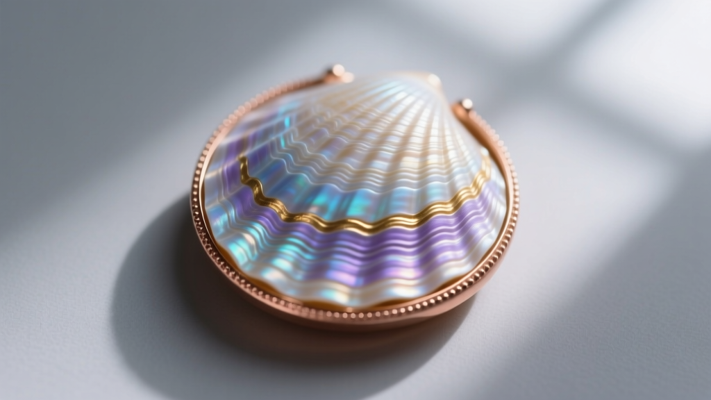Macro shot of the concave back of a genuine cassis rufosa shell cameo, revealing natural striations and a 14k rose gold bezel.