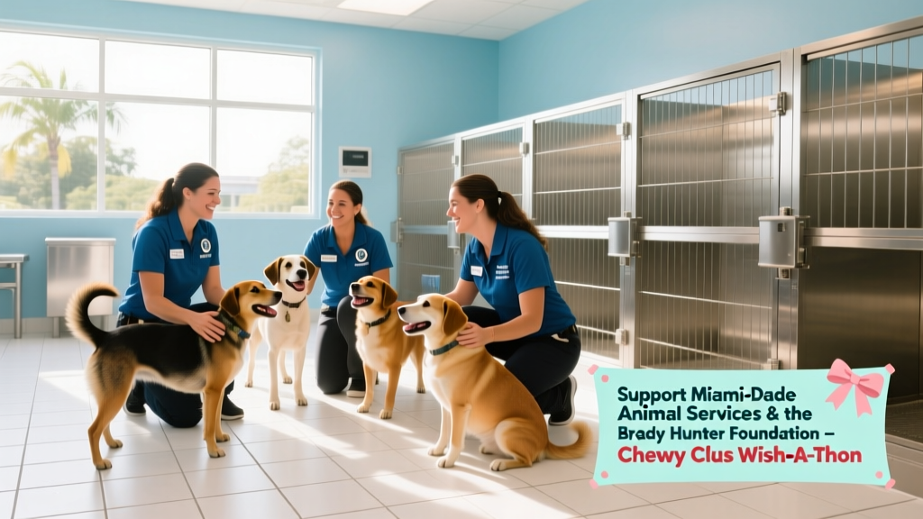 Miami-Dade Animal Services staff interacting warmly with dogs in a bright, clean kennel area