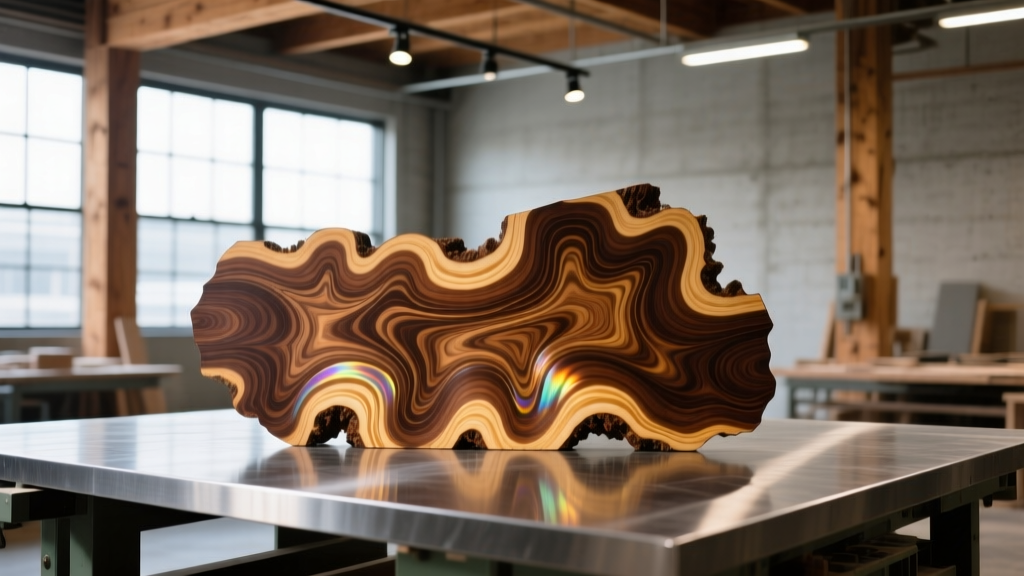 Swirling interlocked grain of a Claro walnut burl cross-section resting on a steel workbench inside a custom architectural millwork shop