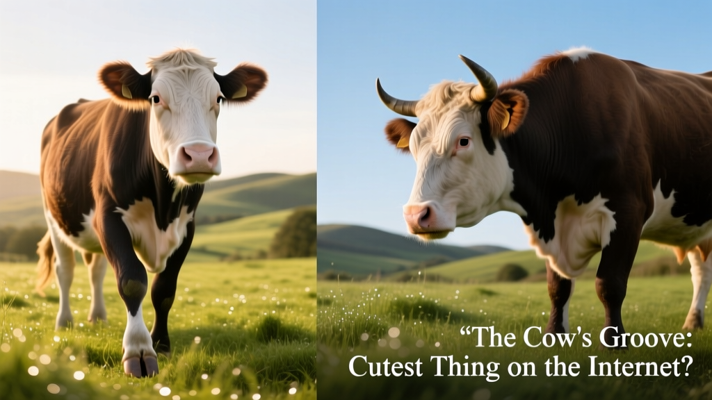 Side-by-side comparison: a calm, curious cow in a green pasture versus a startled cow lowering its head defensively