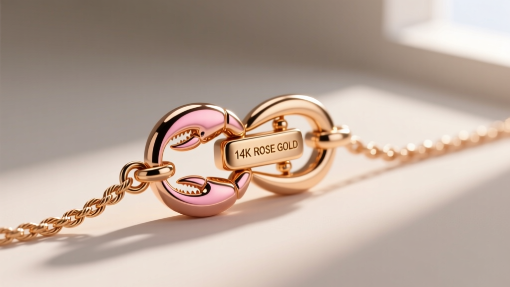 Close-up of a high-quality 14k rose gold lobster clasp attached to a delicate cable chain, showcasing the stamp and polished finish