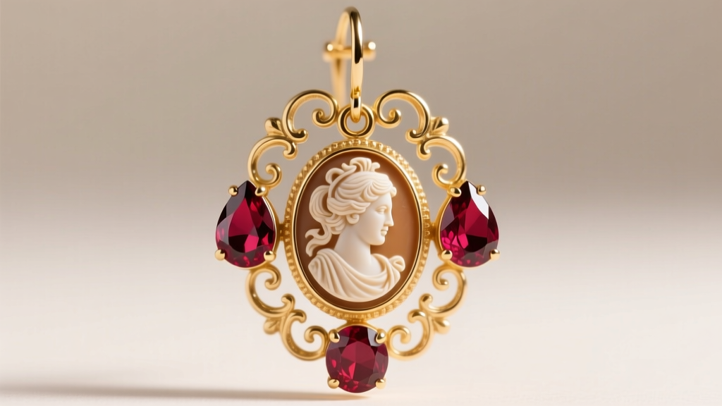 Close-up of 14k gold Victorian style girandole earring with three pear-cut garnets dangling from an oval cameo, soft studio lighting.