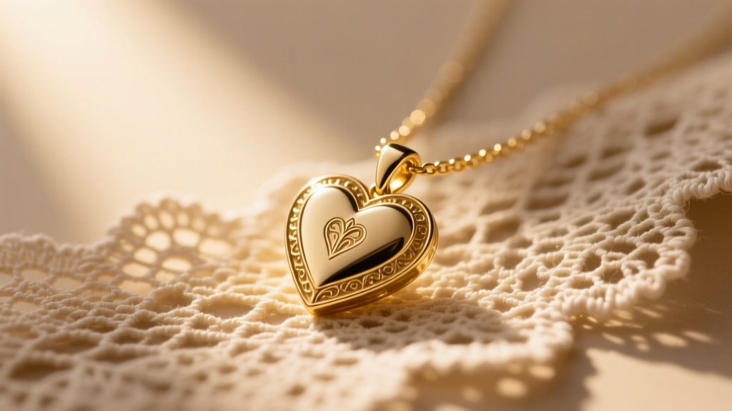 Close-up of a delicate gold-plated heart pendant necklace resting on vintage lace, soft warm sunlight highlighting the metal texture.