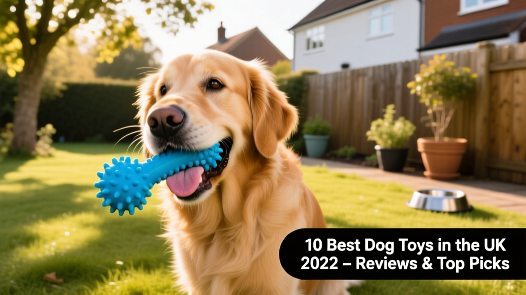 A golden retriever happily chewing a bright blue rubber toy outdoors
