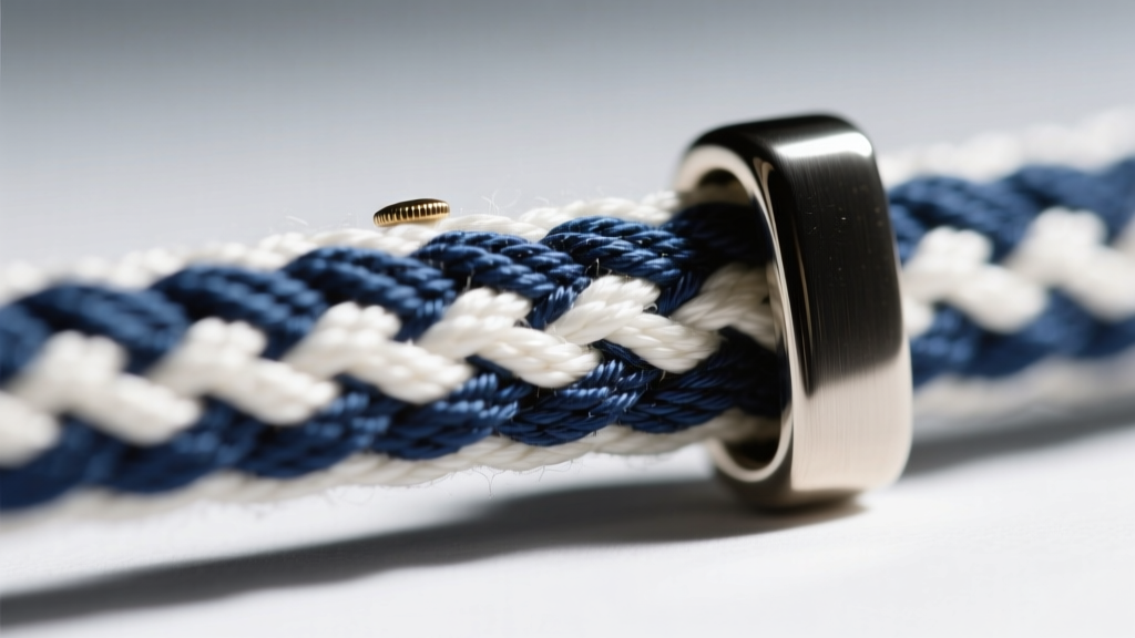 Extreme macro shot of a 4mm woven selvedge denim cord showing the tight white and blue thread weave next to a brushed steel clasp.